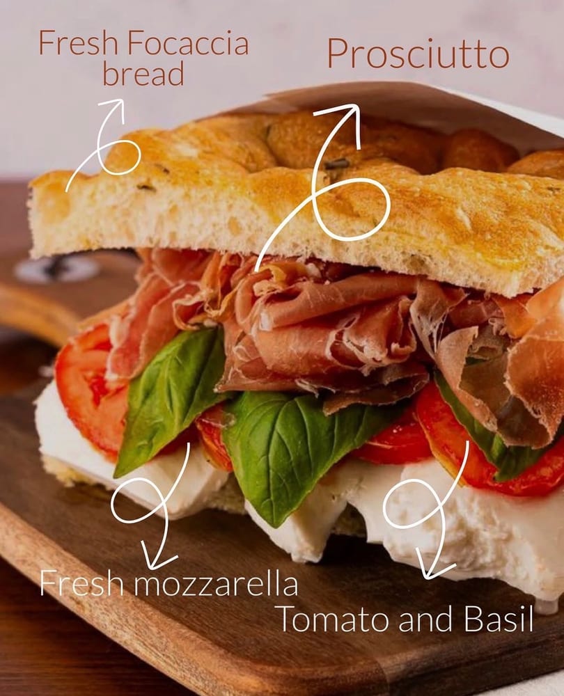 Focaccia sandwich with prosciutto, fresh mozzarella, sliced tomatoes, and basil on a wooden board.