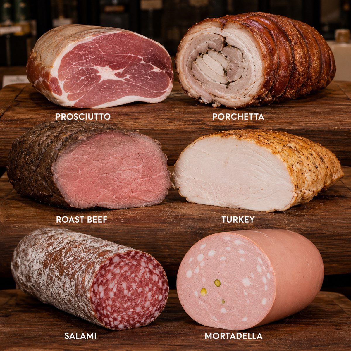 Prosciutto, Porchetta, Roast Beef, Turkey, Salami and Mortadella